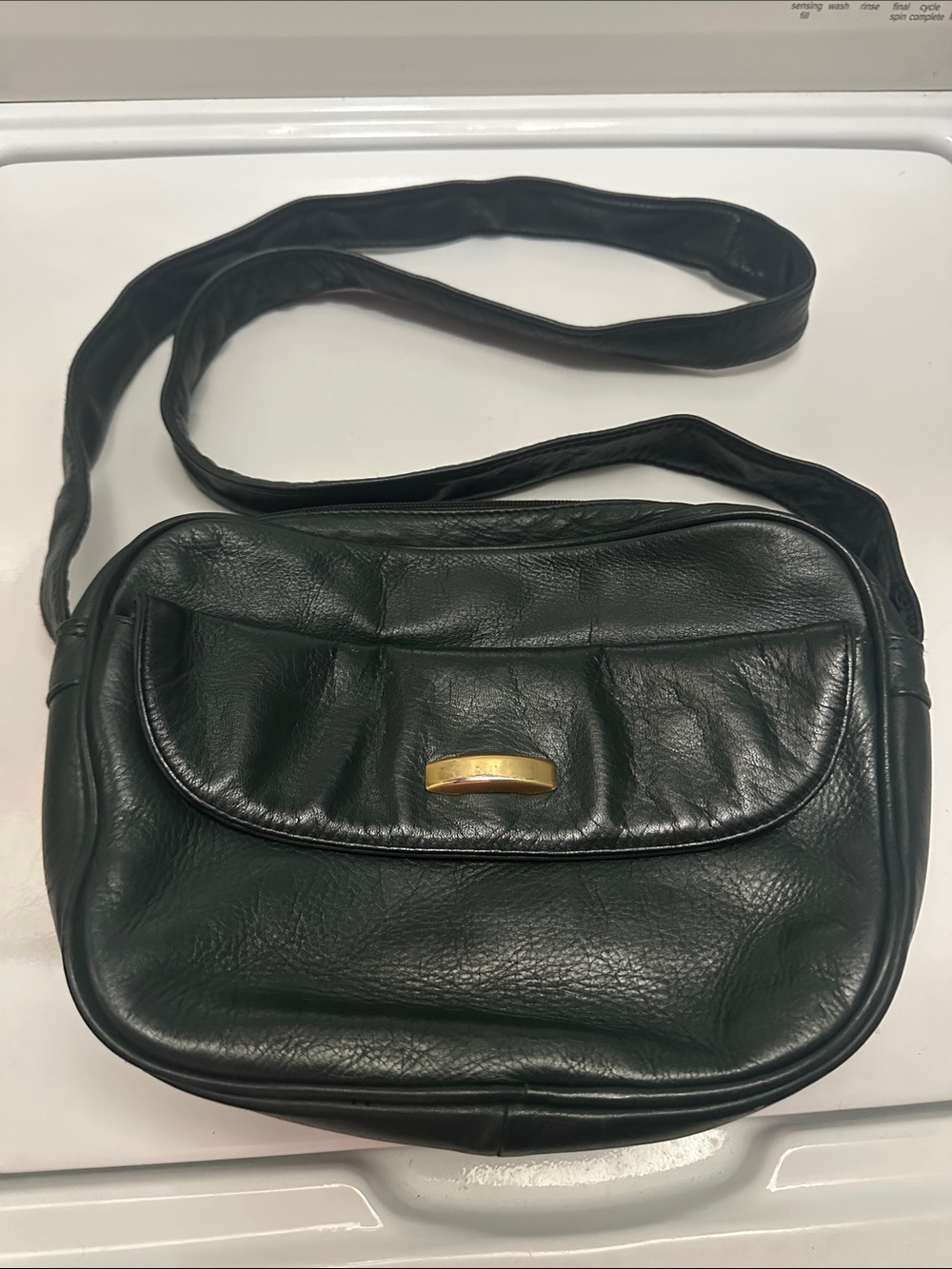 Classic Black Leather Crossbody Bag with Gold Accent